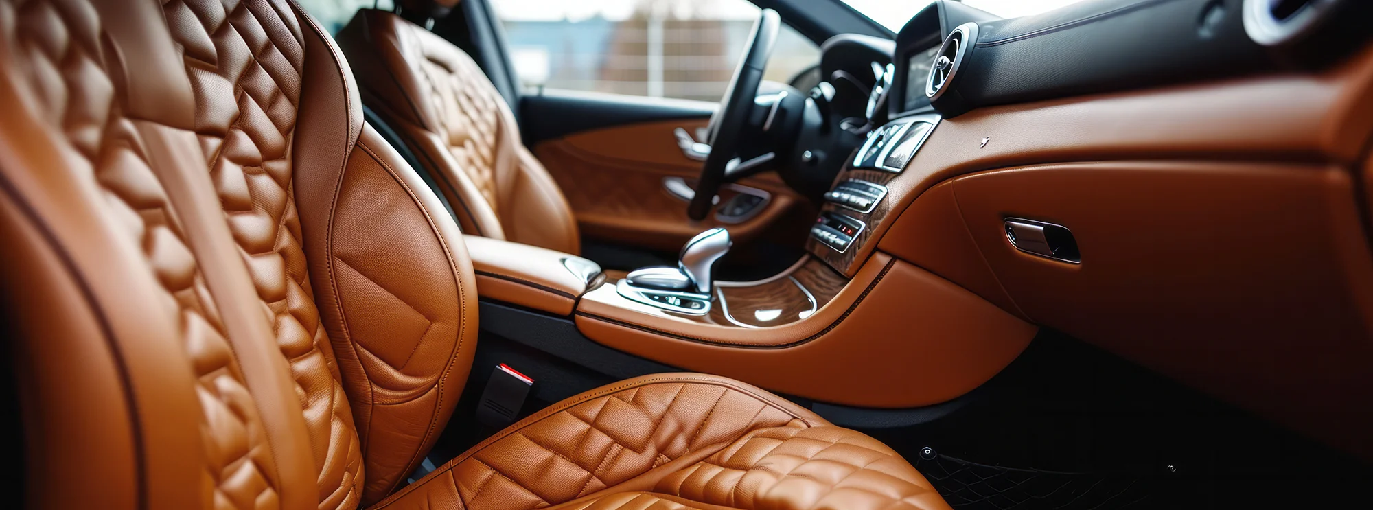 Hochwertiger Fahrzeuginnenraum mit cognacfarbenem Leder und eleganter Mittelkonsole