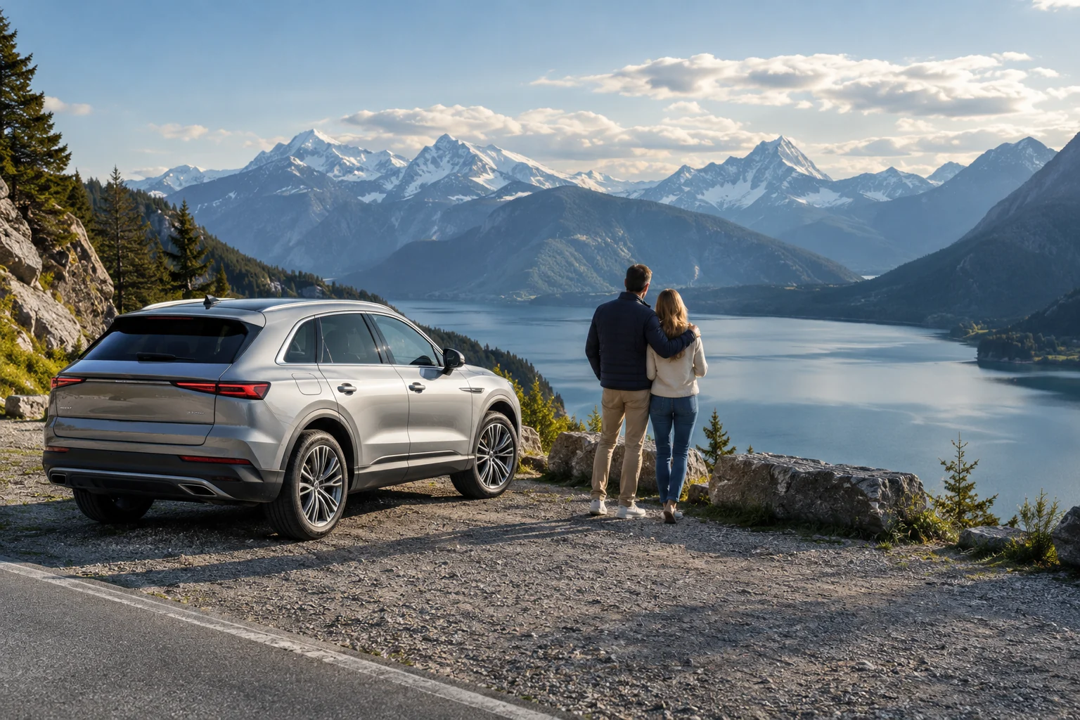 Gemeinsame Ausfahrt mit einem SUV zu einem See in den Bergen